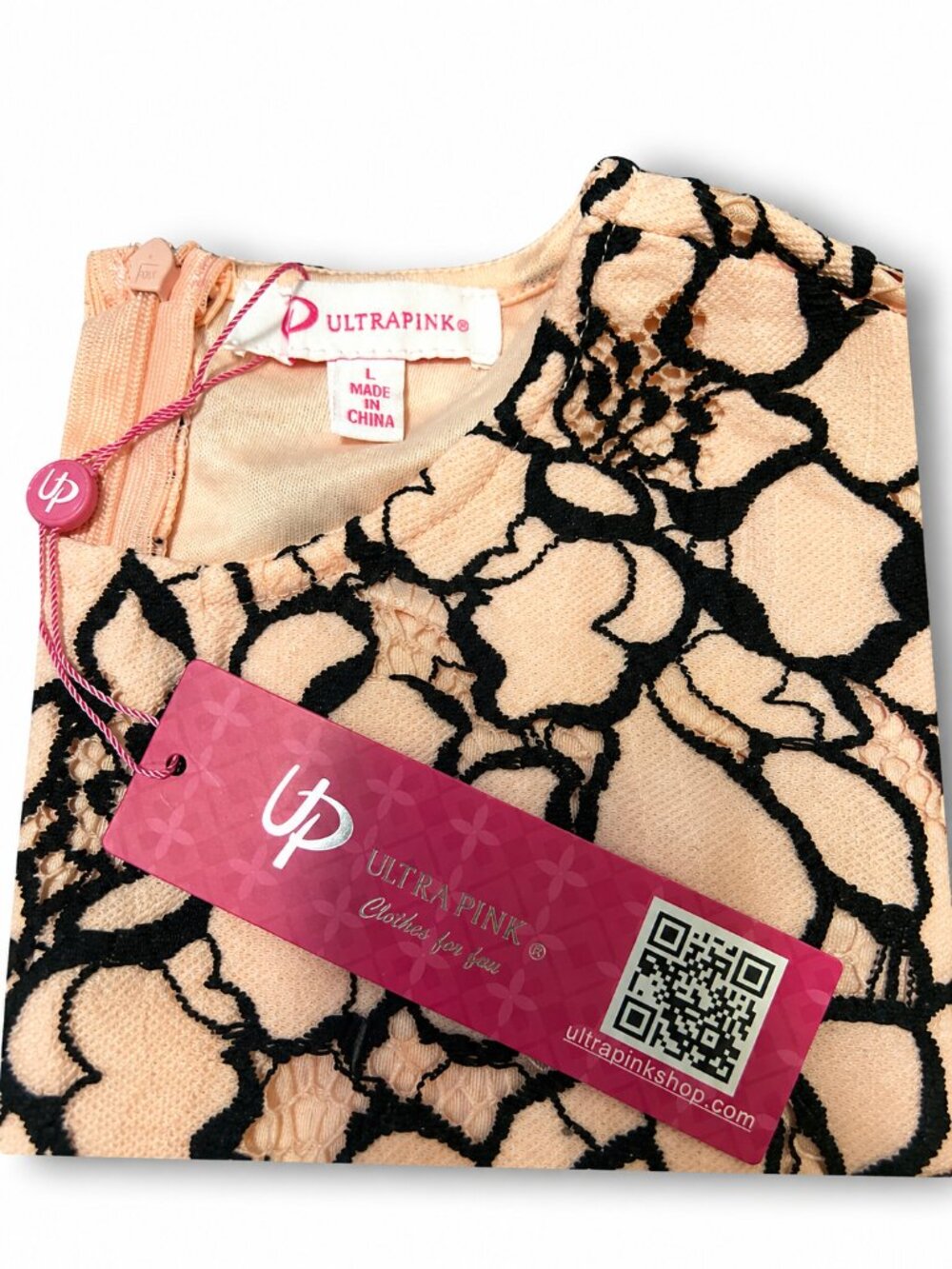 Ultra Pink Lace Dress Size L Pink Black Floral Fit & Flare Mini - Picture 4 of 4